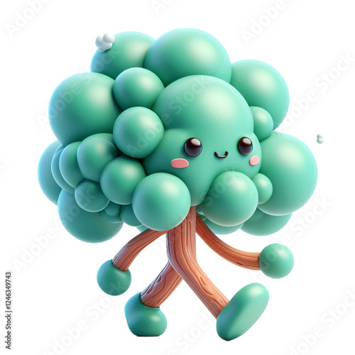 Cute 3d walking tree isolated on white background