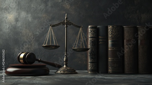 Justice Scales, Books, Gavel, Dark Background.  Possible use Legal, courtroom, law office, education photo