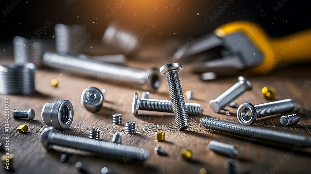 Fototapeta premium Close-up of assorted metallic bolts and nuts scattered on a wooden surface with tools in the background