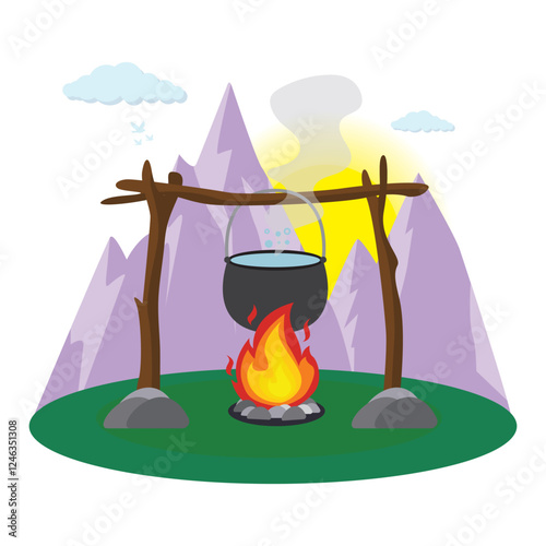 Cooking hanging over campfire illustration background