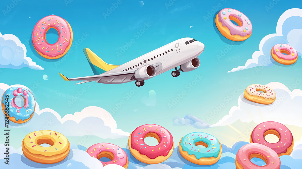 Naklejka premium A colorful airplane flying through a bright blue sky with floating donuts, symbolizing a playful and whimsical journey, filled with vibrant desserts and lighthearted fantasy.