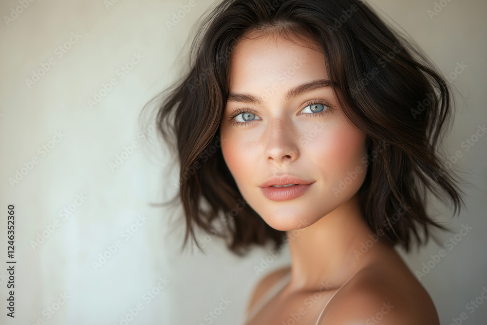 A beautiful woman with a medium skin tone, shoulder-length dark hair, and blue eyes is featured in an editorial beauty shoot for the skincare brand Staud. She poses against a cream-colored background A beautiful woman with a medium skin tone, shoulder-length dark hair, and blue eyes is featured in an editorial beauty shoot for the skincare brand Staud. She poses against a cream-colored background