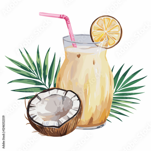 Tropical Coconut Drink Watercolor Illustration