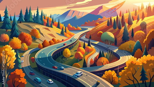 aerial footage of curved road on autumn, beautiful curved pass with vehicles and colorful autumn nature colors on trees with sunset light