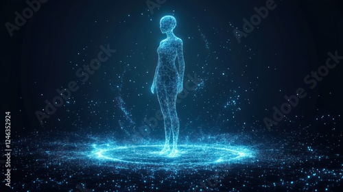 Glowing female figure in digital energy field.