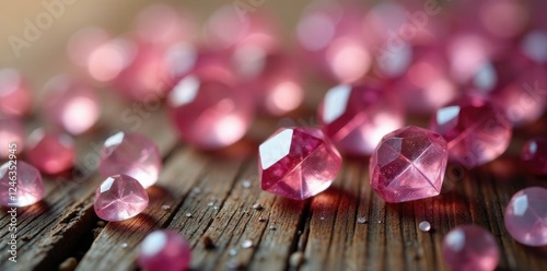 Morganite cubic cut beads scattered on a wooden background, grain, natural