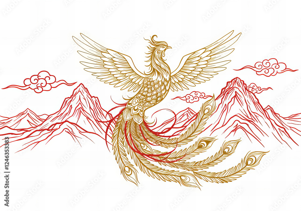 Fototapeta premium Celestial Harmony: Golden Phoenix and Deity in Chinese Line Art
