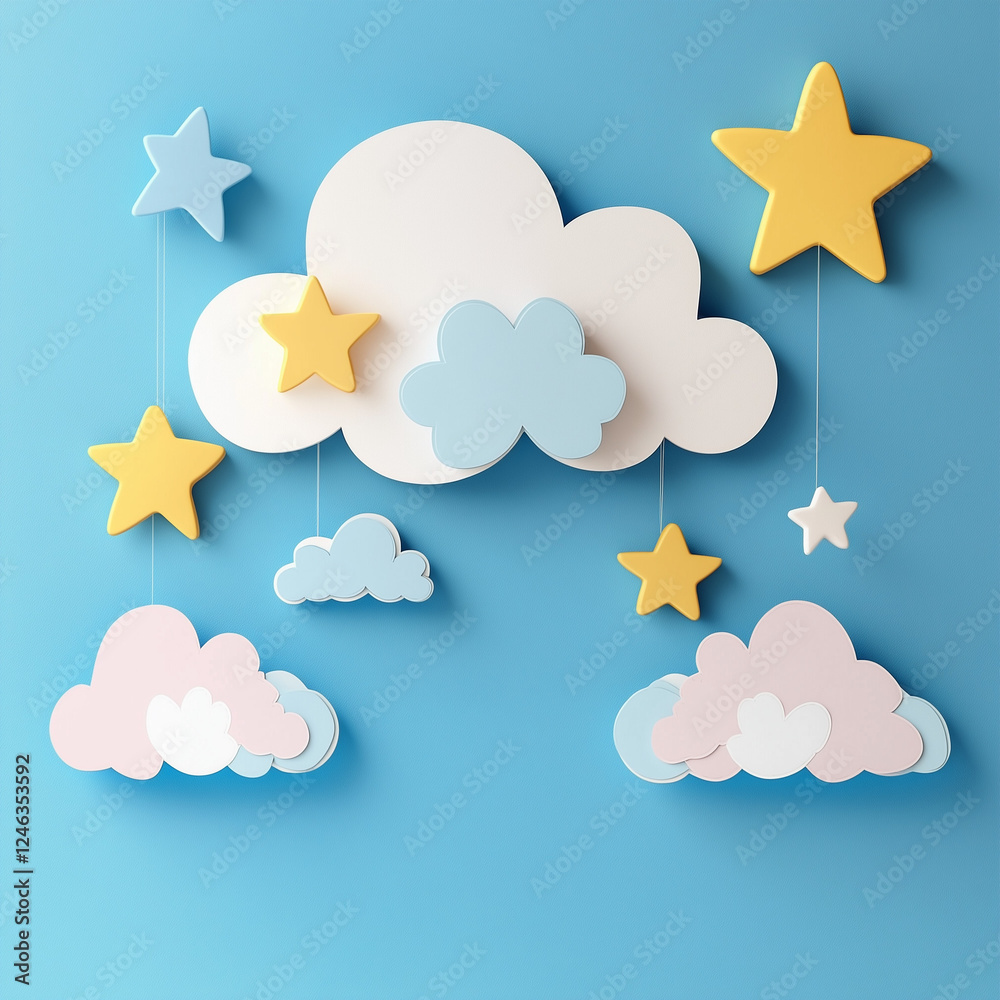 Playful Cloud and Star Design on a Dreamy Blue Background – Cute and Whimsical Art Playful Cloud and Star Design on a Dreamy Blue Background – Cute and Whimsical Art