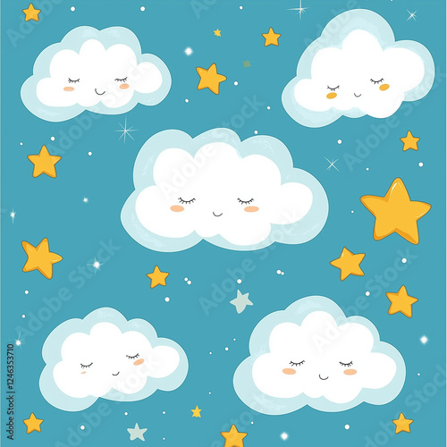 Playful Cloud and Star Design on a Dreamy Blue Background – Cute and Whimsical Art"