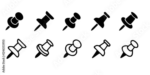 Push pin icon set. Linear and silhouette style.