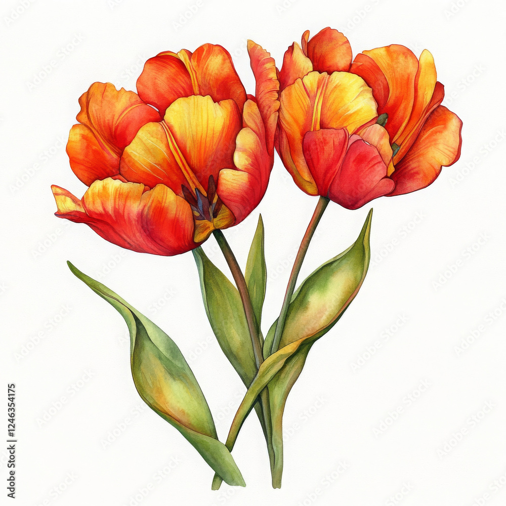 Beautiful tulip illustration, painted in realistic boho style water Beautiful tulip illustration, painted in realistic boho style water