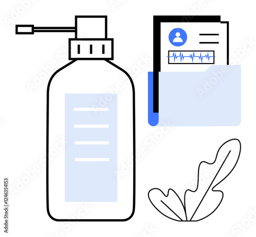 Hand sanitizer bottle, medical file folder with patient information and health chart, abstract leaf. Ideal for healthcare, hygiene, medicine, patient care, cleanliness, medical records wellness