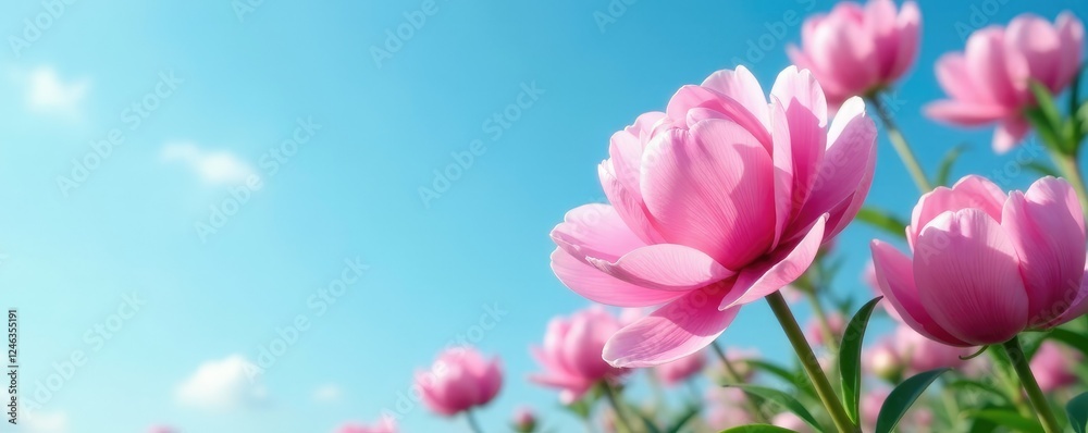 Obraz premium Gentle pink peonies unfold against a vast blue sky, flowers, pink peonies