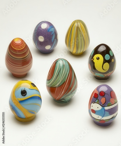 A vibrant arrangement of colorful marble eggs displayed closely on a white surface, showcasing intricate patterns and textures. photo