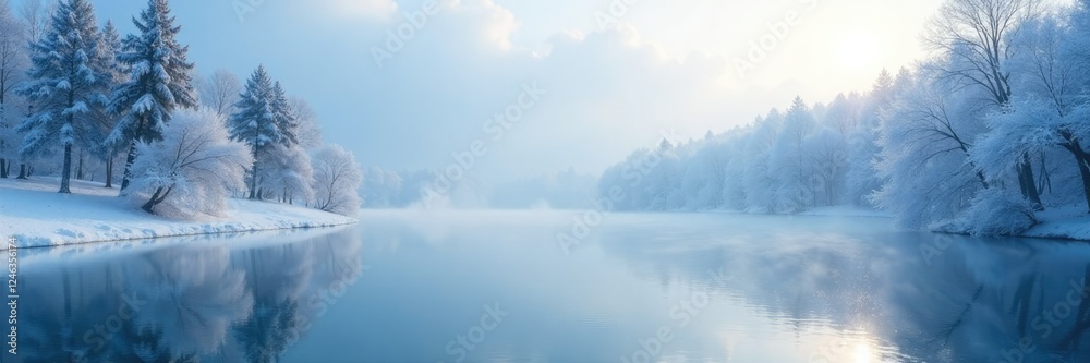 Frozen lake with snow-covered trees and misty atmosphere, frosty, calm