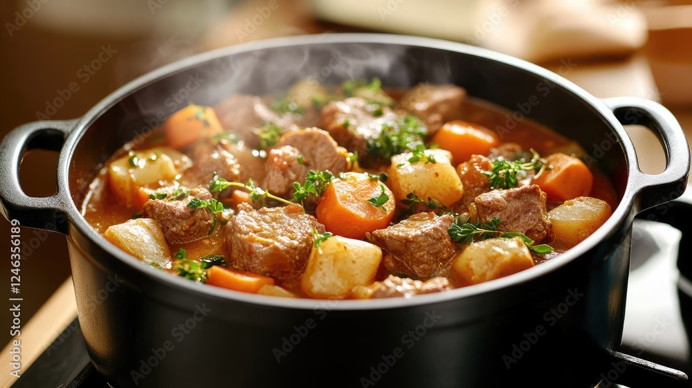 Steaming pot of hearty meat and vegetable stew Steaming pot of hearty meat and vegetable stew
