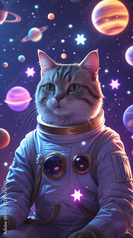 Fototapeta A Relaxed Space Cat Surrounded by Glowing Planets and Stars