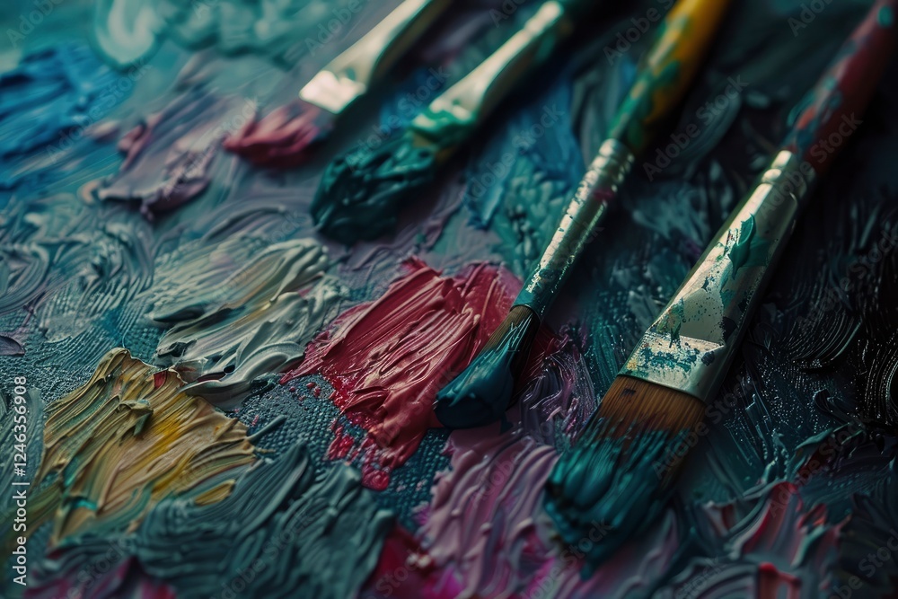 Close-up of artist's paintbrushes resting on a colorful, textured palette with vibrant paint strokes Close-up of artist's paintbrushes resting on a colorful, textured palette with vibrant paint strokes