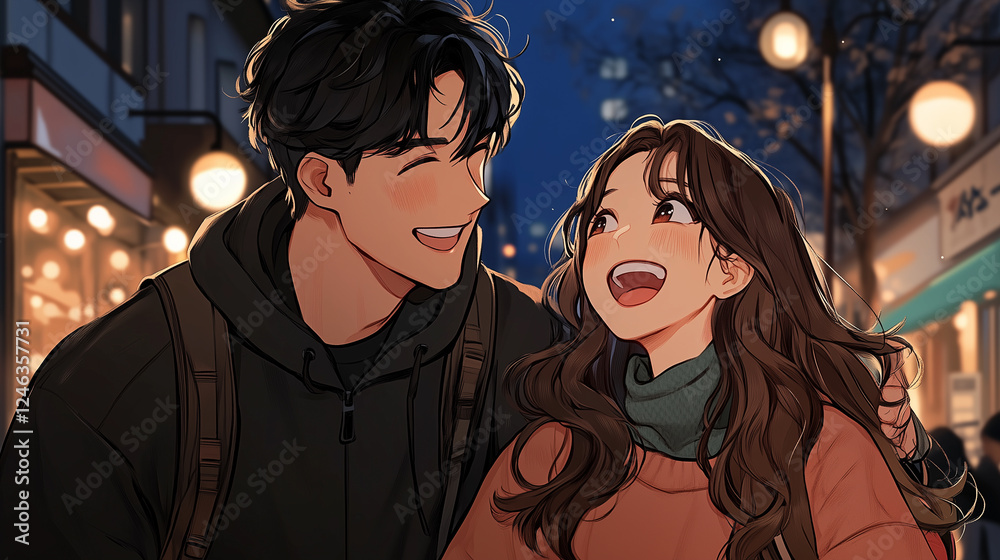 Handsome young couple enjoys a joyful evening stroll under streetlights Handsome young couple enjoys a joyful evening stroll under streetlights
