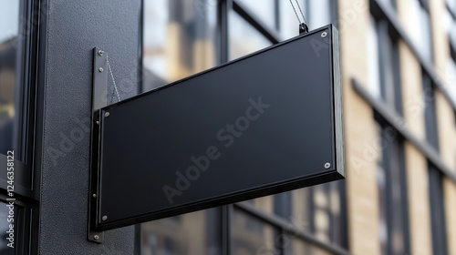 Blank Black Metal Signboard for Custom Messages or Advertisements in Urban Environment Featuring Modern Architectural Background