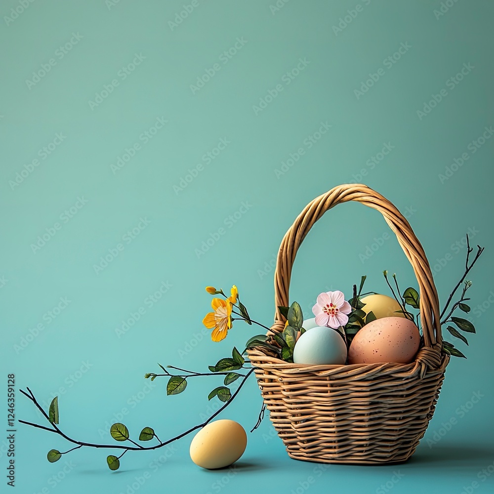 Fototapeta premium Colorful Easter Basket with Eggs and Flowers on a Minimalist Background