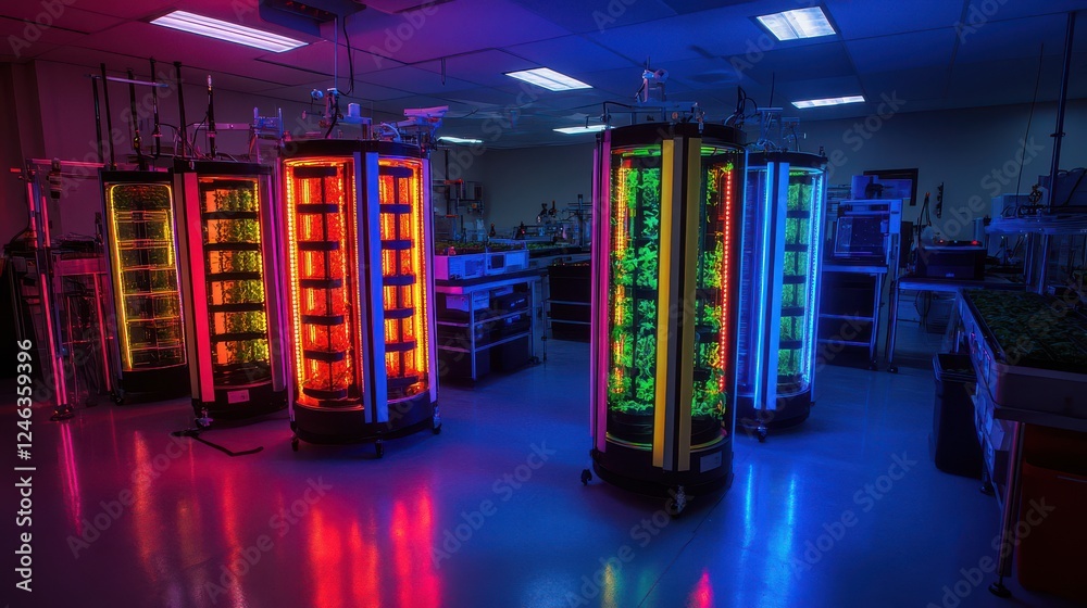 Fototapeta premium Colorful Bioreactors in High-Tech Laboratory Environment at Night