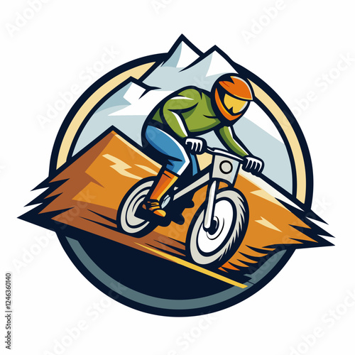 A dynamic adventure logo with a mountain biker speeding down a rugged trail, with dust and motion lines emphasizing speed and excitement