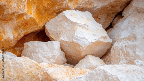 White and yellow quarry rocks closeup.  Industrial material texture