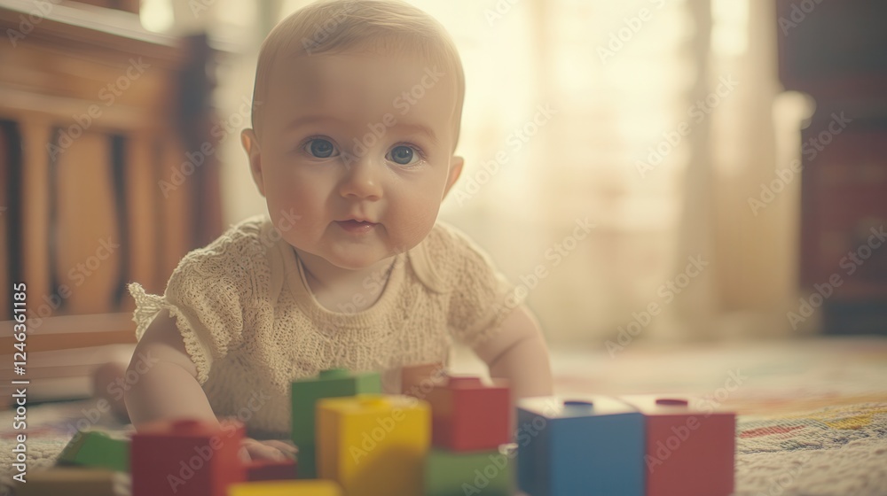 A baby joyfully interacts with a colorful toy on the floor, showcasing playful innocence and exploration in a warm, inviting environment. A baby joyfully interacts with a colorful toy on the floor, showcasing playful innocence and exploration in a warm, inviting environment.