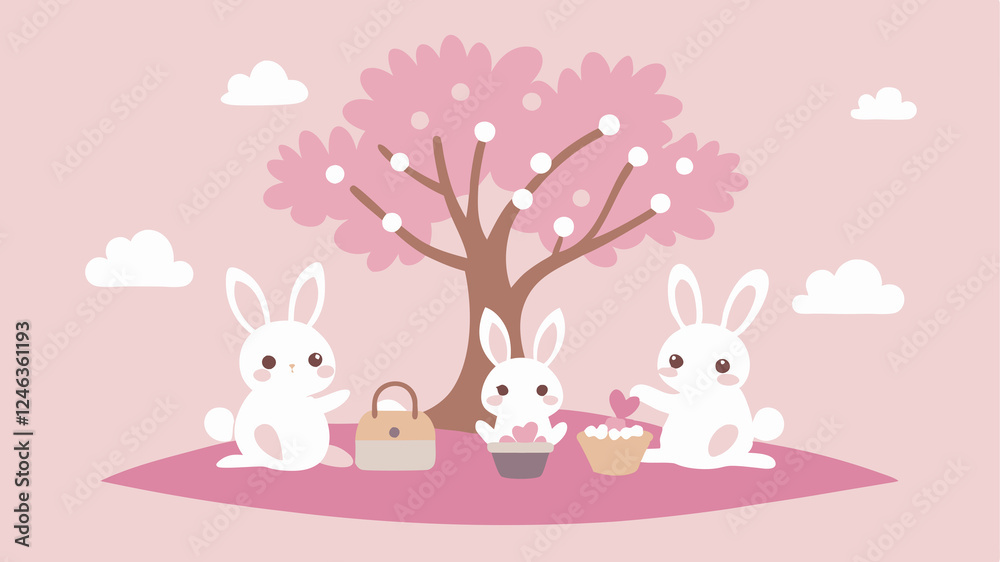 Springtime Bunny Family Easter Picnic Illustration fun joy cute food eggs happy 