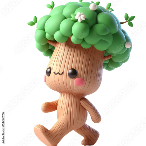 Cute 3d walking tree isolated on white background