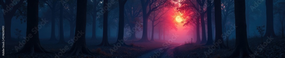 Fototapeta premium Dark forest at dusk with trees fading into darkness, mysterious, tree