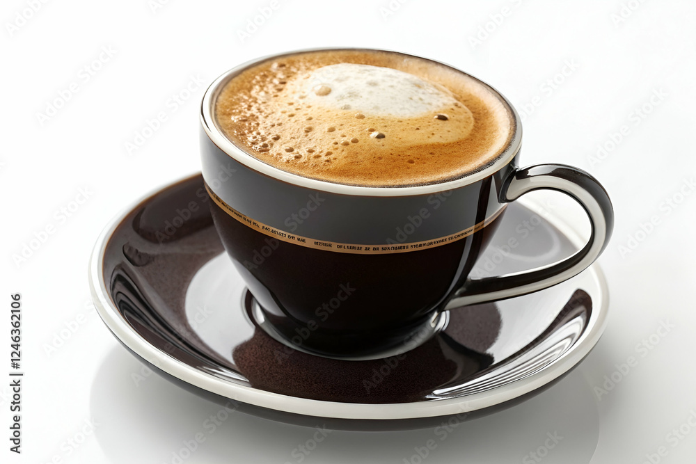 Obraz premium Food Styling for Advertising, A rich cup of coffee with a frothy top sits on a sleek black saucer, embodying warmth and flavor.