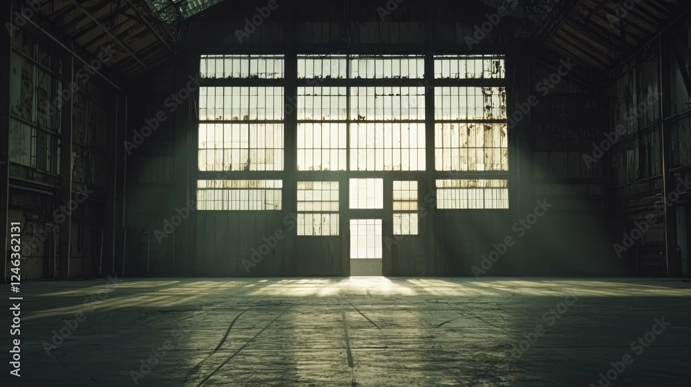 Sunlight Streaming Through Large Windows in Abandoned Warehouse Sunlight Streaming Through Large Windows in Abandoned Warehouse