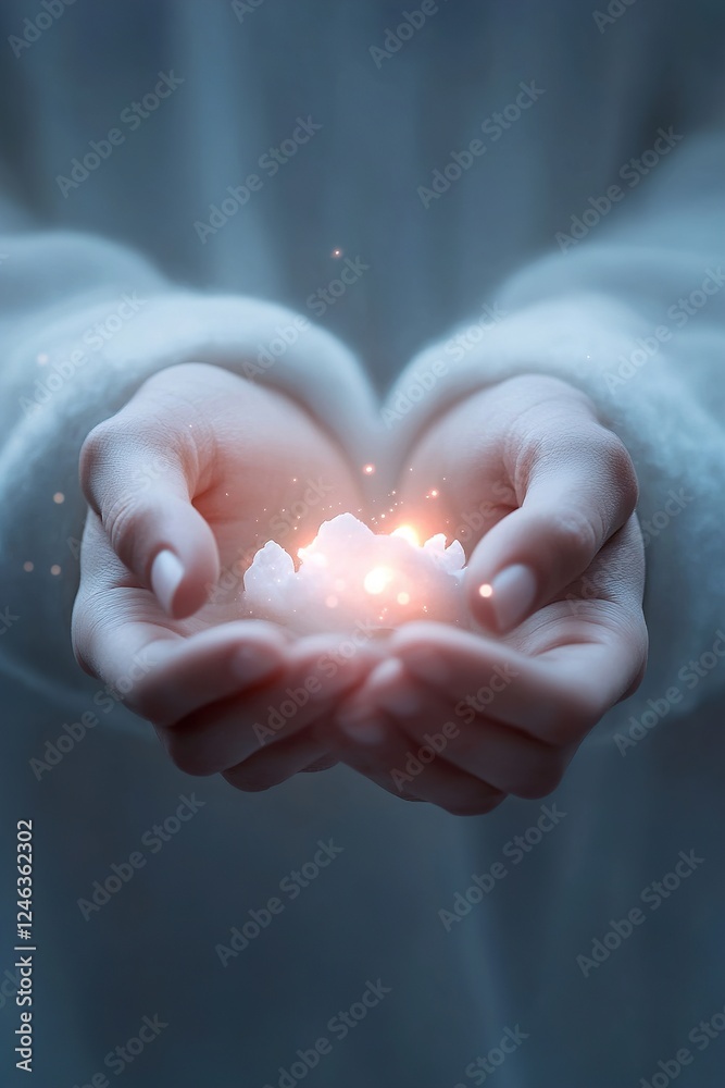 Two gentle hands cradle an invisible object, enveloped by a faint, glowing aura that sparks imagination and evokes a sense of mystery and absence, creating an enchanting atmosphere Two gentle hands cradle an invisible object, enveloped by a faint, glowing aura that sparks imagination and evokes a sense of mystery and absence, creating an enchanting atmosphere