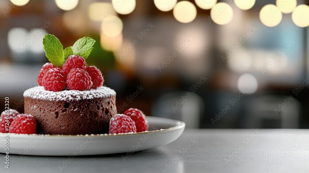 Delicious chocolate cake with raspberries and mint garnish