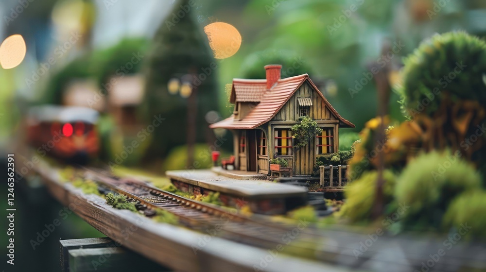 Fototapeta premium Miniature train station surrounded by lush greenery and soft bokeh lights in the background