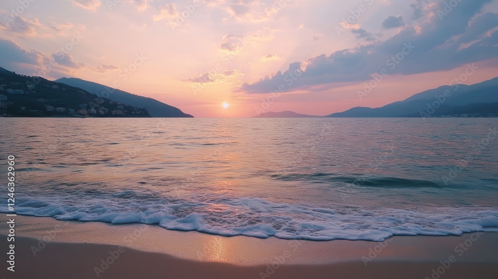 A serene sunset over a calm ocean, with gentle waves lapping at the sandy shore. A serene sunset over a calm ocean, with gentle waves lapping at the sandy shore.