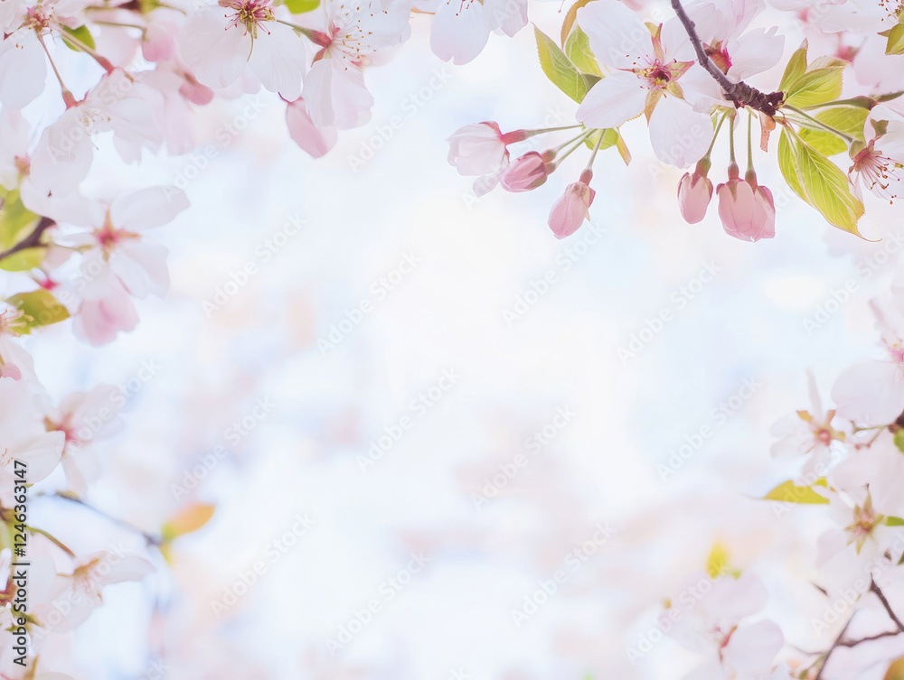 Delicate cherry blossoms frame soft pastel sky, creating serene and tranquil spring scene. gentle pink and white petals contrast beautifully with fresh green leaves, evoking sense of renewal and Delicate cherry blossoms frame soft pastel sky, creating serene and tranquil spring scene. gentle pink and white petals contrast beautifully with fresh green leaves, evoking sense of renewal and