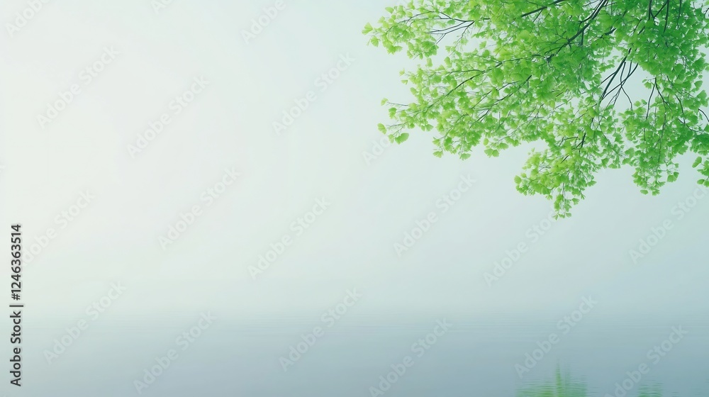 Obraz premium Misty Morning, Serene Lake with Green Leaves