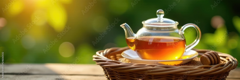 A teapot and glass sit on top of a wicker basket filled with honey, wicker, natural A teapot and glass sit on top of a wicker basket filled with honey, wicker, natural