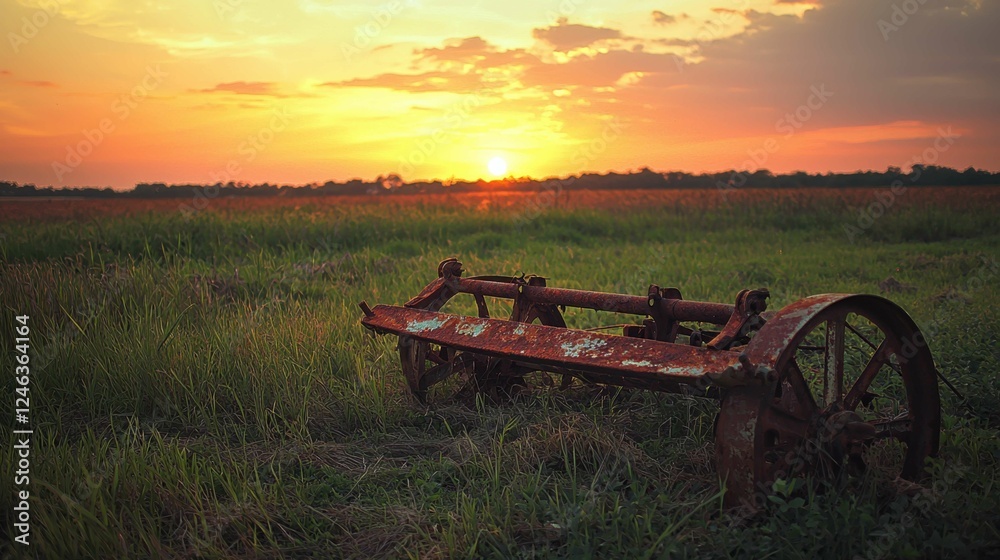 Fototapeta premium Rustic Farm Equipment in Golden Sunset Over Open Field Landscape
