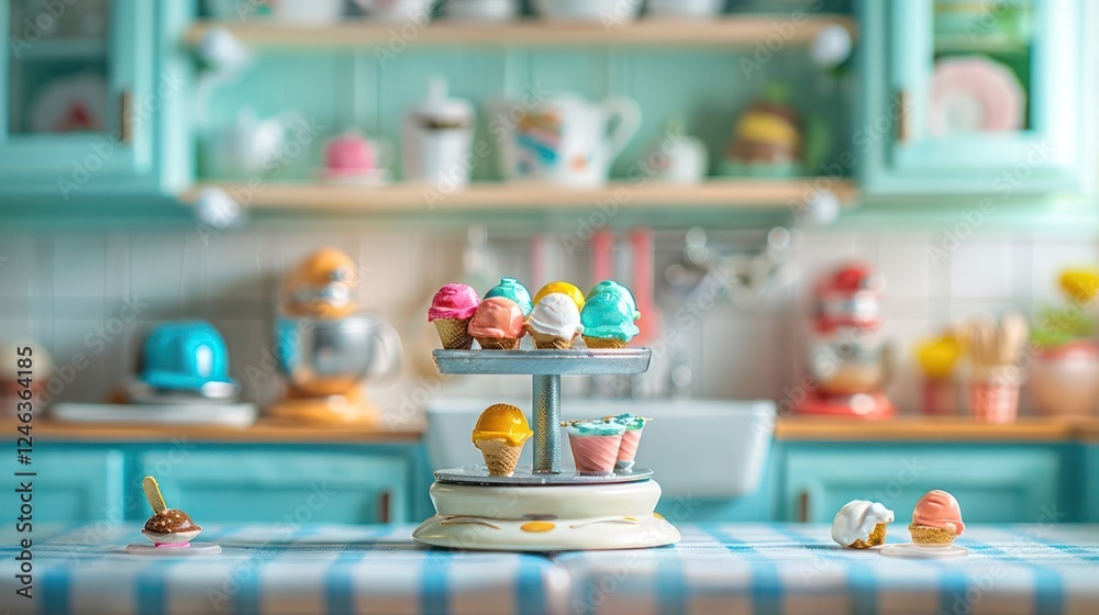 Colorful ice cream display on a tiered stand in a charming kitchen with pastel decor Colorful ice cream display on a tiered stand in a charming kitchen with pastel decor
