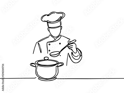 Continuous line drawing of a chef cooking with a pan. Simple and elegant representation of culinary art. Vector illustration.