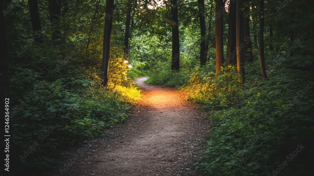 Obraz premium Tranquil Forest Pathway with Soft Glow of Light Amidst Trees