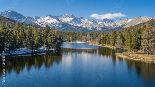 Serene Mountain Landscape with Tranquil Lake and Clear Blue Sky