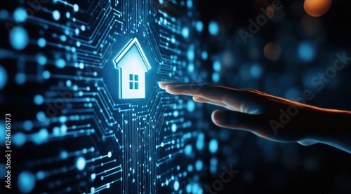 Digital Home Icon Depicting Smart Real Estate and Finance on Blue Background Isolated on Transparent Background