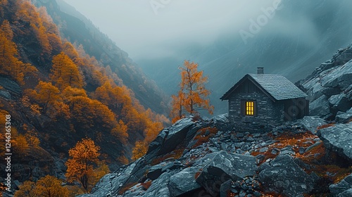 Wallpaper Mural A tiny stone house on a rocky cliff overlooking a valley.   Torontodigital.ca