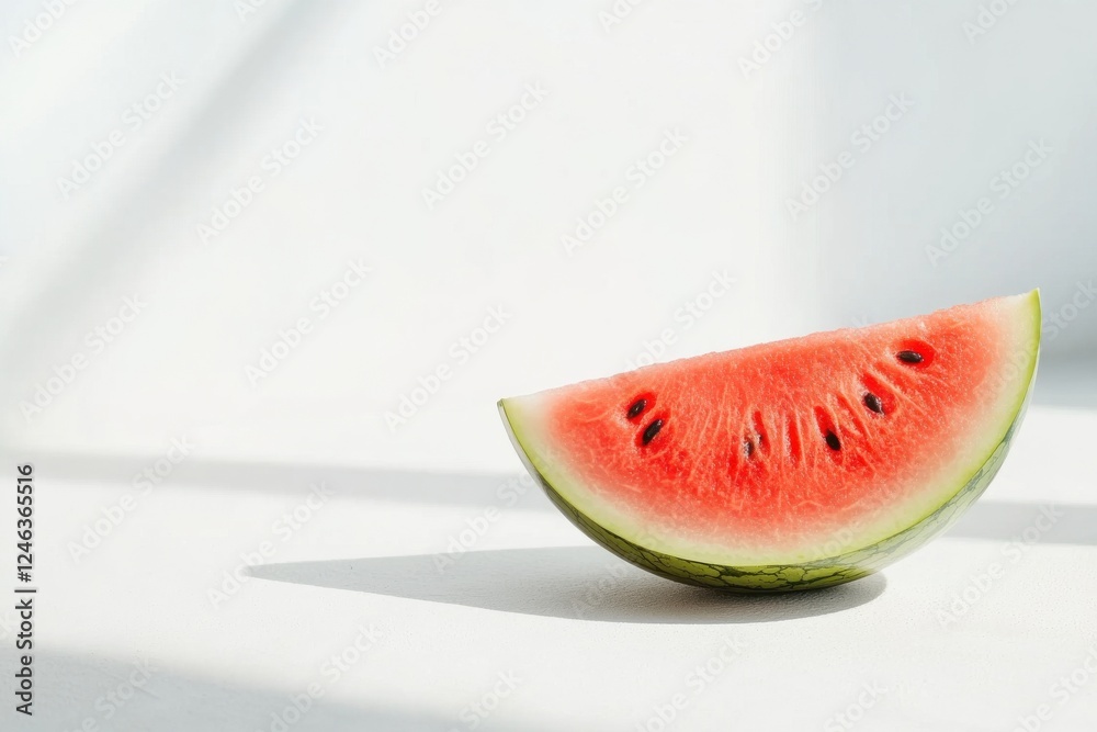 Fresh watermelon slice on white table with minimalist natural light shadows Fresh watermelon slice on white table with minimalist natural light shadows