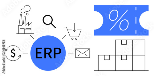ERP at the center, linking to factory, magnifying glass, shopping cart, dollar sign, envelope. Additionally displayed discount symbol, stacked boxes. Ideal for supply chain operations sales